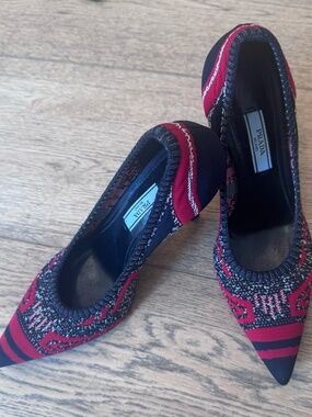 Prada Black, White and Red Pointed Toe Pumps, EU 36, Heel 3 1/2 inches